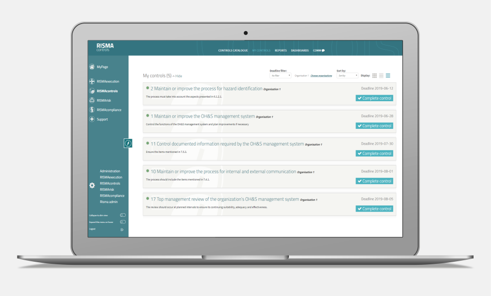 screenshot of Risma GRC Tool